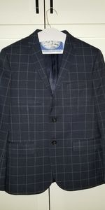 Boy's Navy Plaid Suit Jacket w/ Elbow Patches